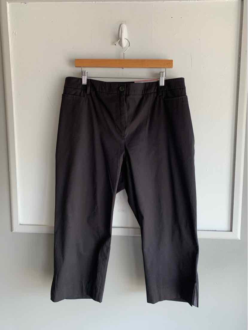 Black wide-leg pants in size 14W with front pockets and belt loops hanging on wooden hanger.