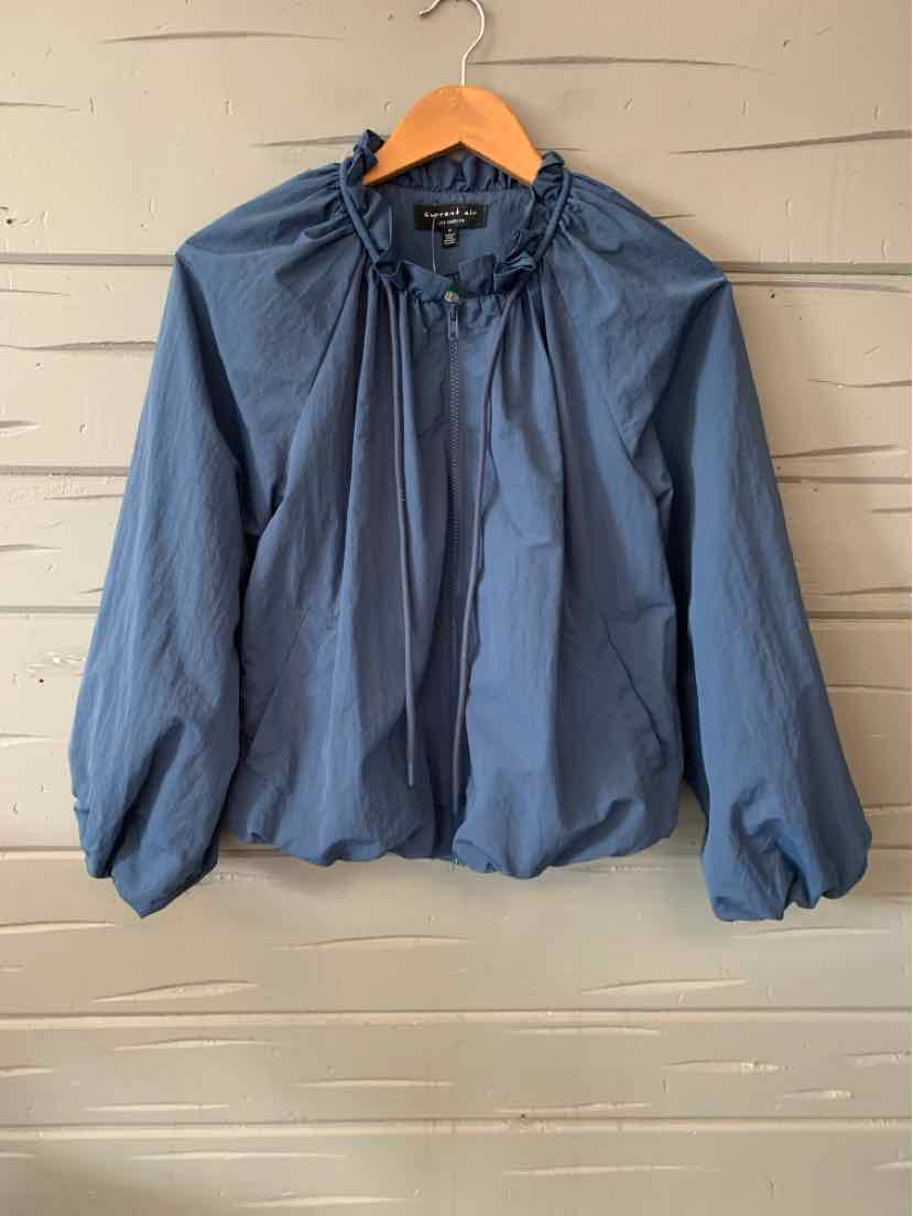 Blue lightweight jacket with elasticated collar and cuffs, relaxed fit, zipper front closure.