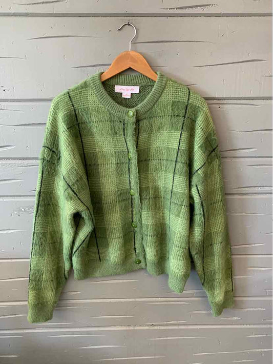 Green plaid knit cardigan with crew neck and long sleeves, size M/L.