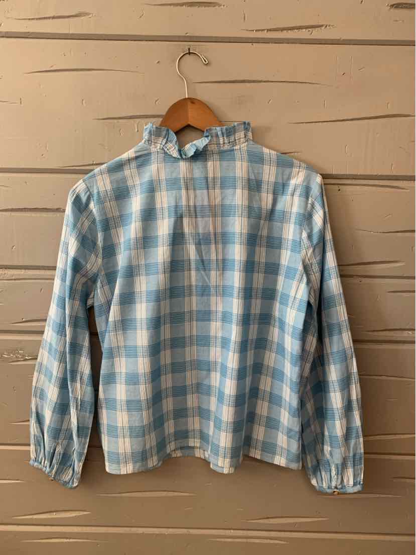Light blue and white plaid long-sleeve button-up shirt with collar, medium size.