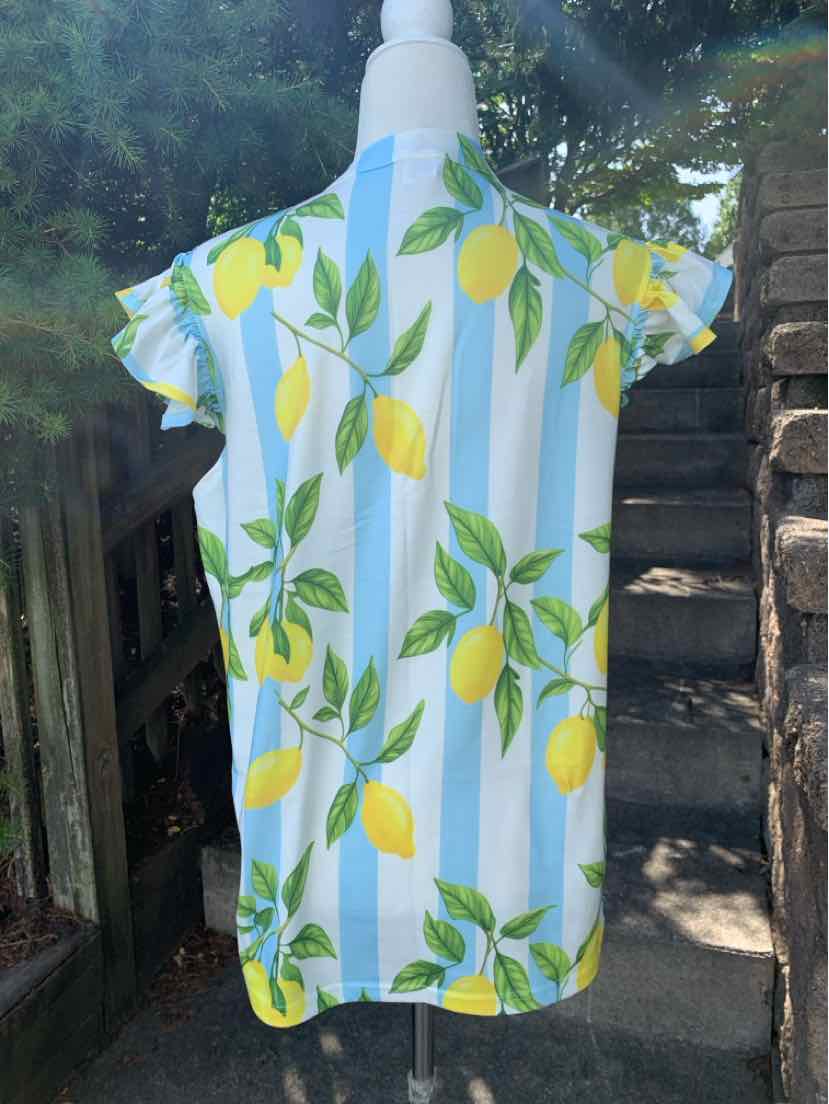 Light blue and white vertical striped shirt with bright yellow lemon and green leaf print, short sleeves, and a collar.