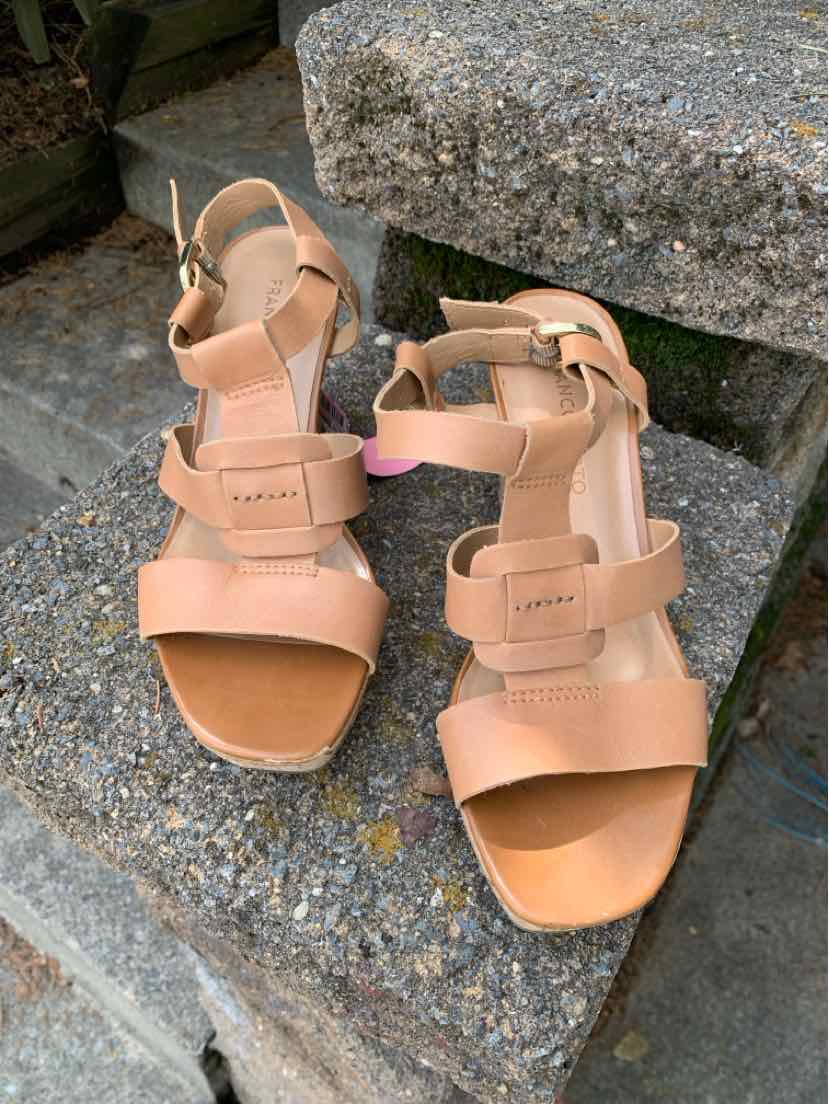 Tan leather open-toe sandals with adjustable ankle straps and block heels, size 7.5.