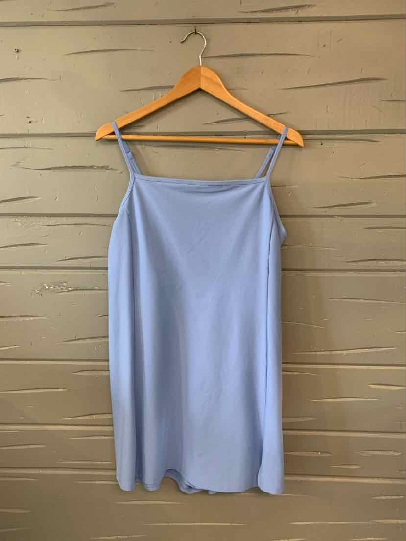 Light blue sleeveless dress with thin spaghetti straps and a straight neckline, hanging on wooden hanger.