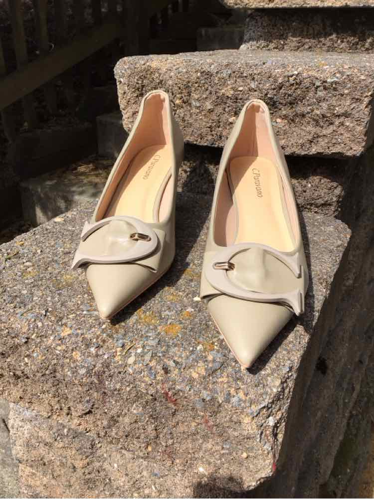Beige pointed-toe flats with decorative buckle detail on stone steps.