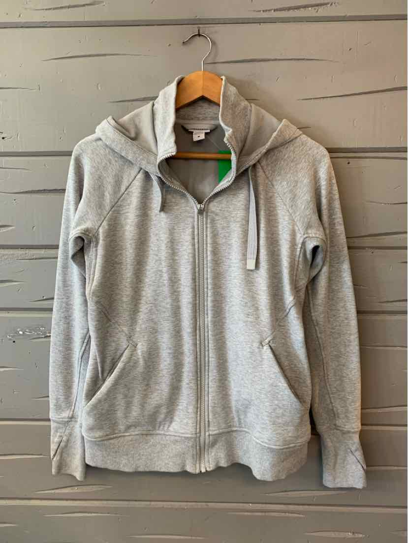 Light gray zip-up hoodie with pockets and drawstring hood, medium size.