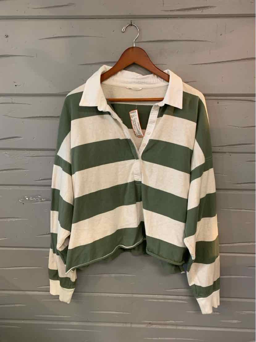 Green and white wide striped long-sleeve rugby shirt with white collar, XL size.
