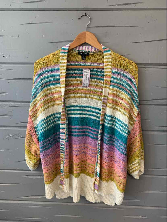 Colorful open-front cardigan with horizontal tribal-inspired stripes in yellow, teal, pink, and cream in a medium size.