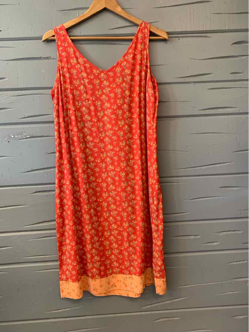 Red sleeveless floral dress with orange hem, lightweight fabric, size large, casual style.