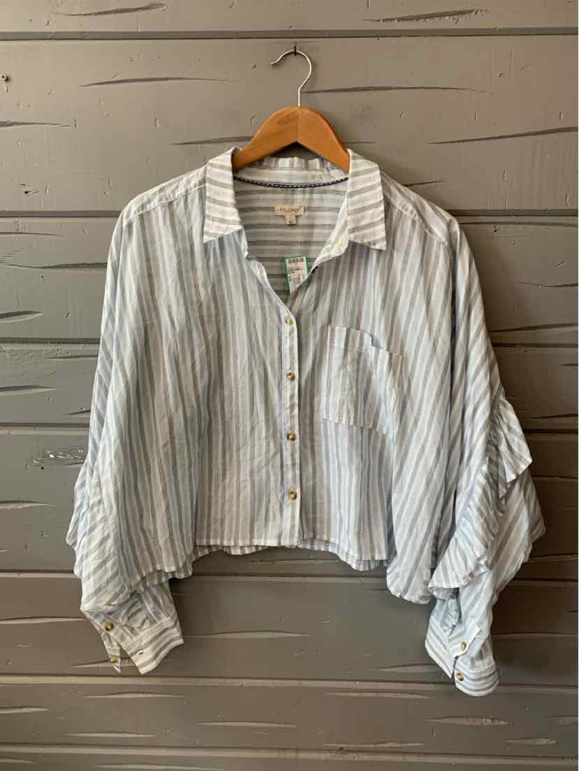 White button-up blouse with blue vertical stripes, oversized fit, and billowy long sleeves with button cuffs.