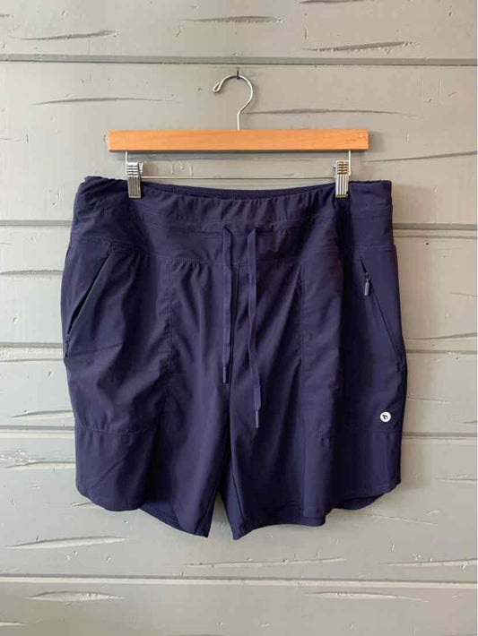 Dark navy blue athletic shorts with elastic waistband and side zip pocket, size 2XL.