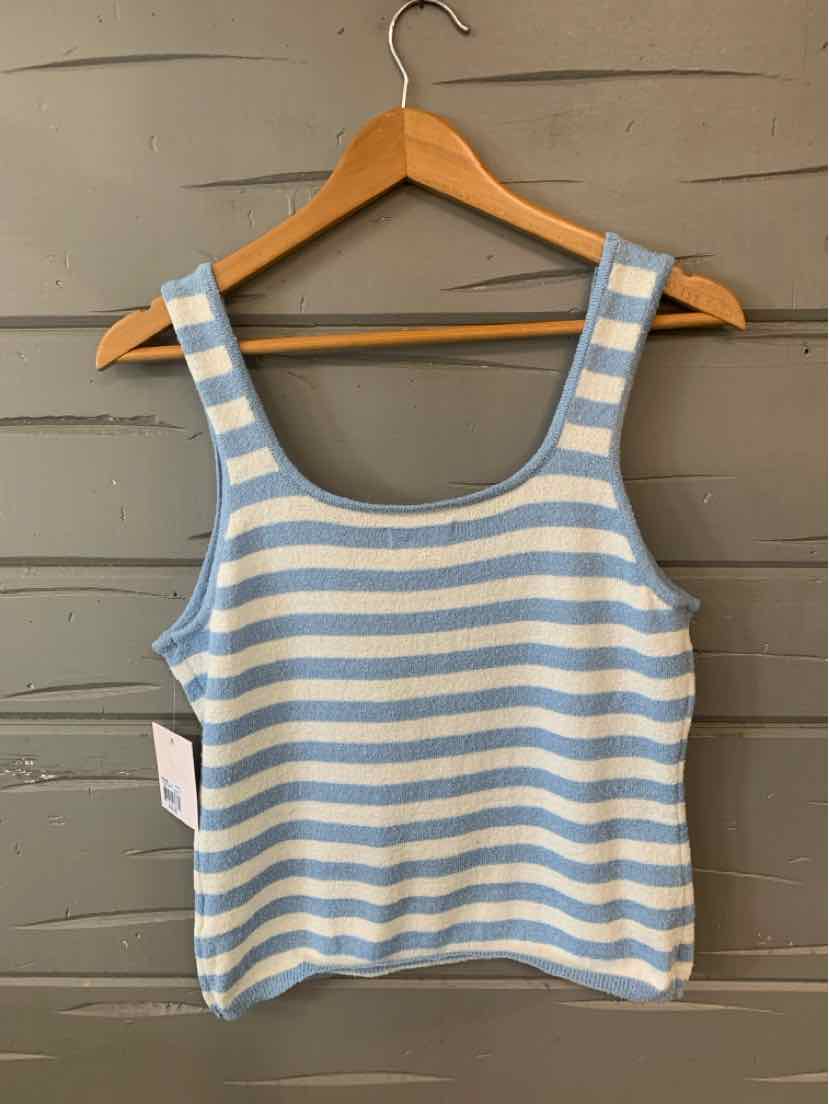 Blue and white striped sleeveless crop top with scoop neck on wooden hanger.