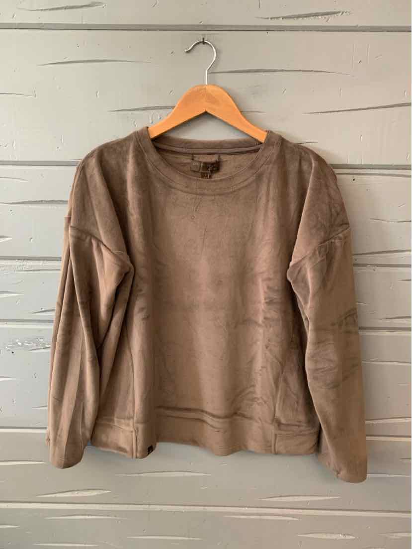Soft taupe long-sleeve crewneck sweater in plush, cozy fabric with relaxed fit.