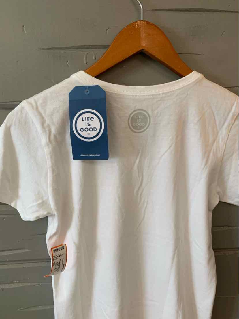 White short-sleeve crew neck T-shirt with small circular logo on upper back and attached brand tags hanging from collar.