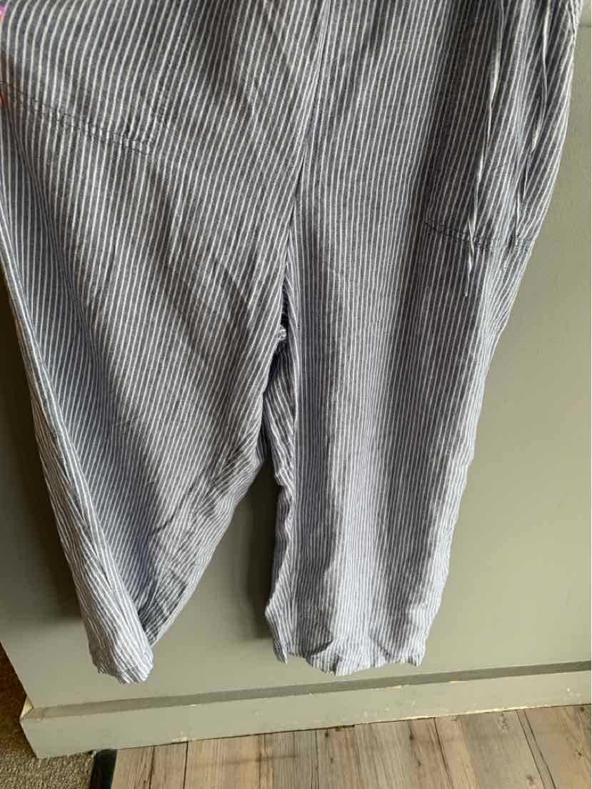 Blue and white striped casual pants in size XL hanging against a beige wall.
