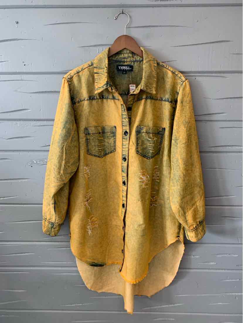 Yellow oversized button-up denim jacket with long sleeves and chest pockets.