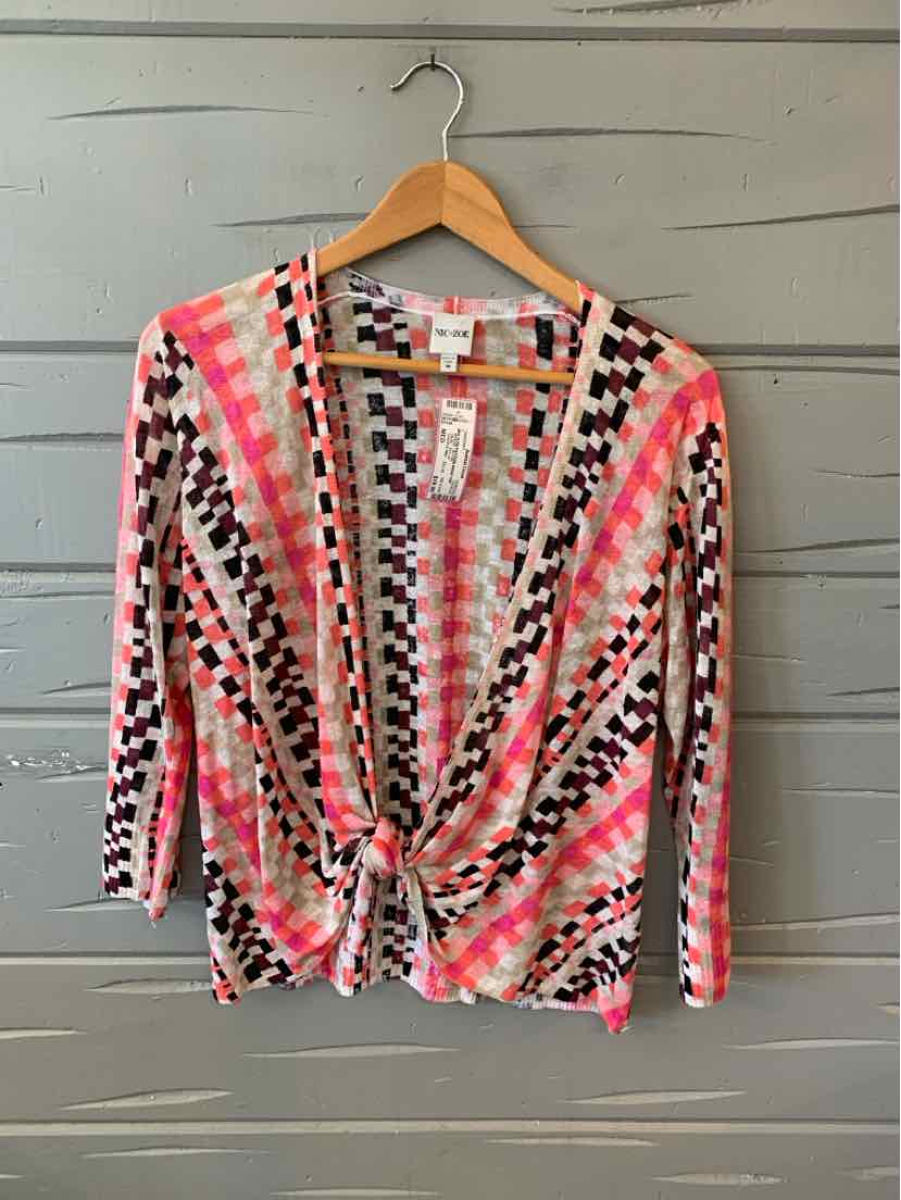 Womens cardigan with geometric pink, black, and white pattern, lightweight knit, front tie, and three-quarter sleeves.