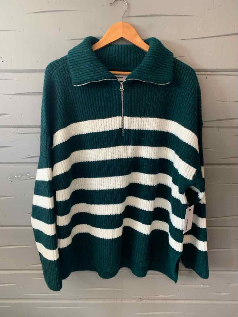 Green and white striped knit pullover sweater with half-zip collar, size 1X.