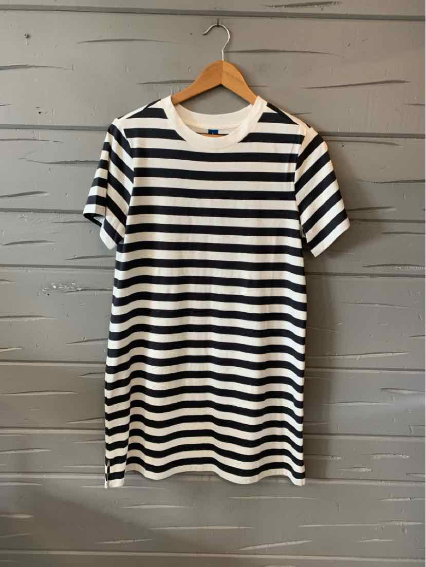 White and navy blue striped short-sleeve T-shirt dress with crew neckline, size small.