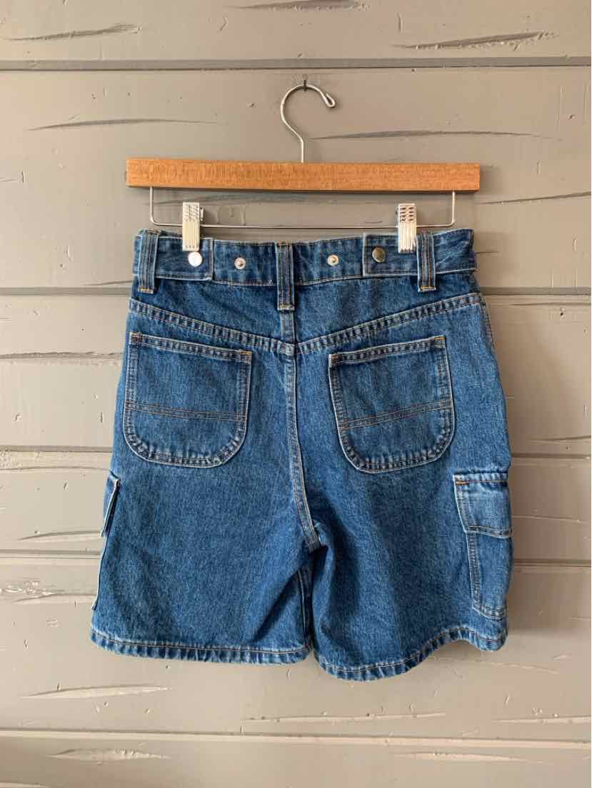 High-waisted blue denim shorts with belt loops, two back pockets, and a side utility pocket.