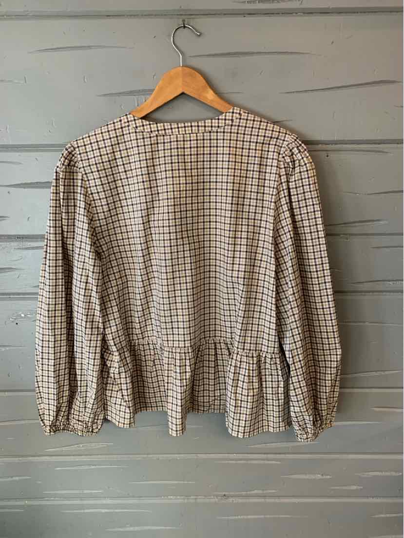 Beige and white plaid long-sleeve blouse with elastic cuffs and gathered waist, size XL.