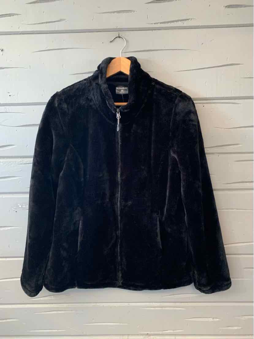 Black plush faux-fur women's jacket with a stand collar, front zipper, and long sleeves.