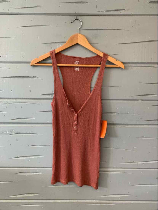 Rust-colored ribbed tank top with thin straps, V-neckline, and button details on front in size small.