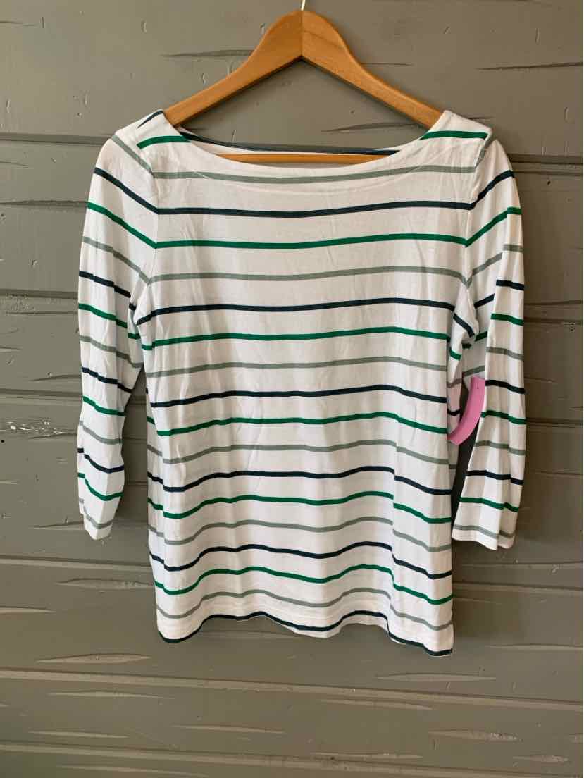 White long-sleeve shirt with green and black horizontal stripes, scoop neckline, medium size.