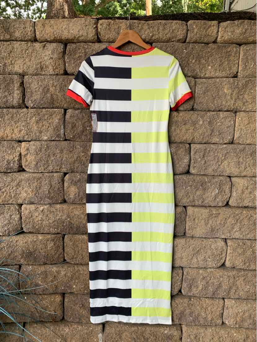 Short-sleeve midi dress with vertical black and white stripes on left and yellow and white stripes on right, red accents on.