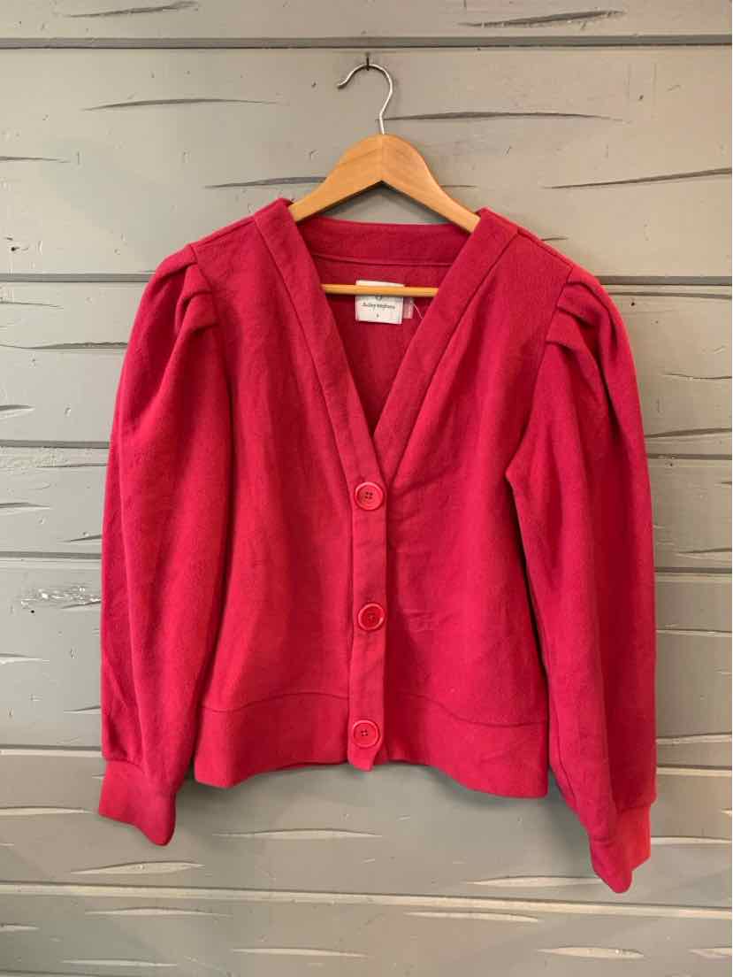 Fuchsia fleece cardigan with puffed shoulders and long sleeves, button closure, and ribbed cuffs.