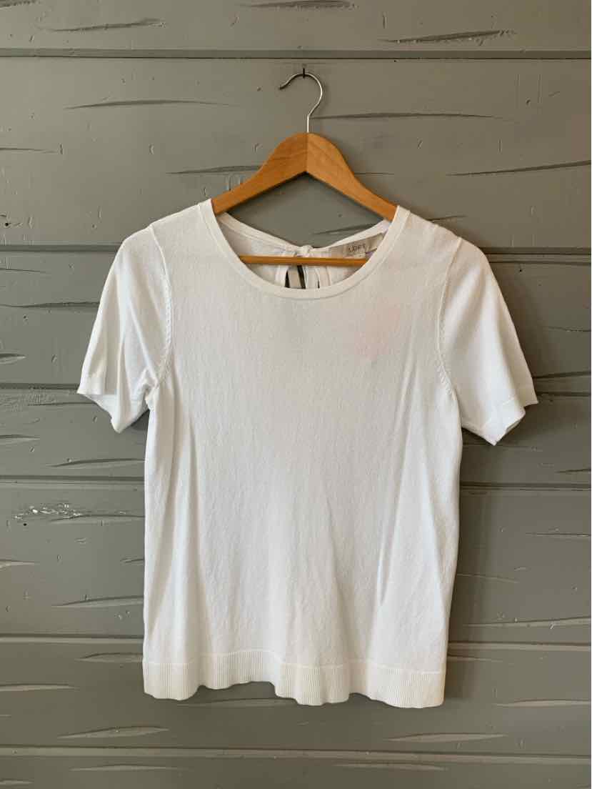 White short-sleeve knit top with crew neckline and a keyhole back detail, size small.