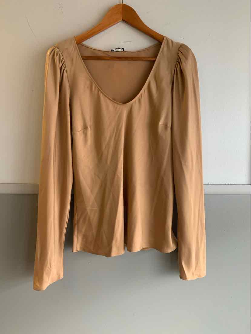 Tan long-sleeve blouse with scoop neckline and slight puff shoulder detail, size large.
