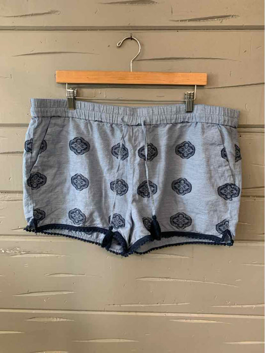 Light blue cotton shorts with dark blue circular patterns and a drawstring waist, size XL.