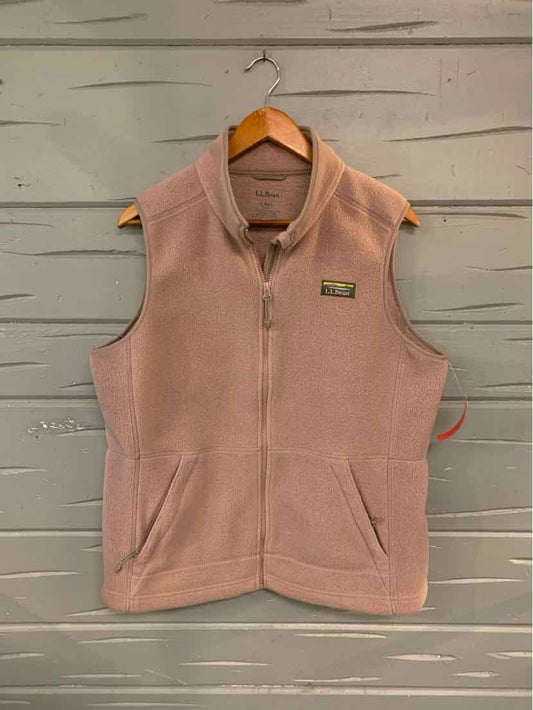 Mauve fleece vest with front zipper and two hand pockets on wooden hanger.