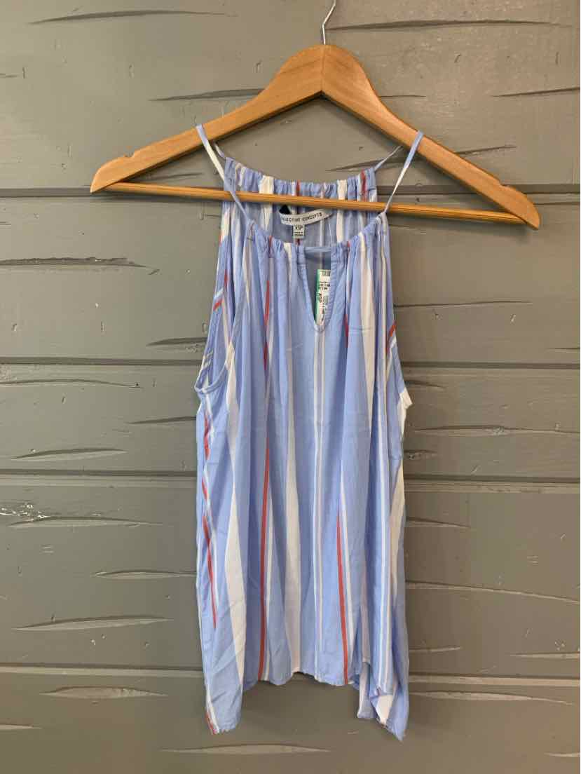 Light blue sleeveless top with vertical white and red stripes, gathered neckline, and thin straps on wooden hanger.