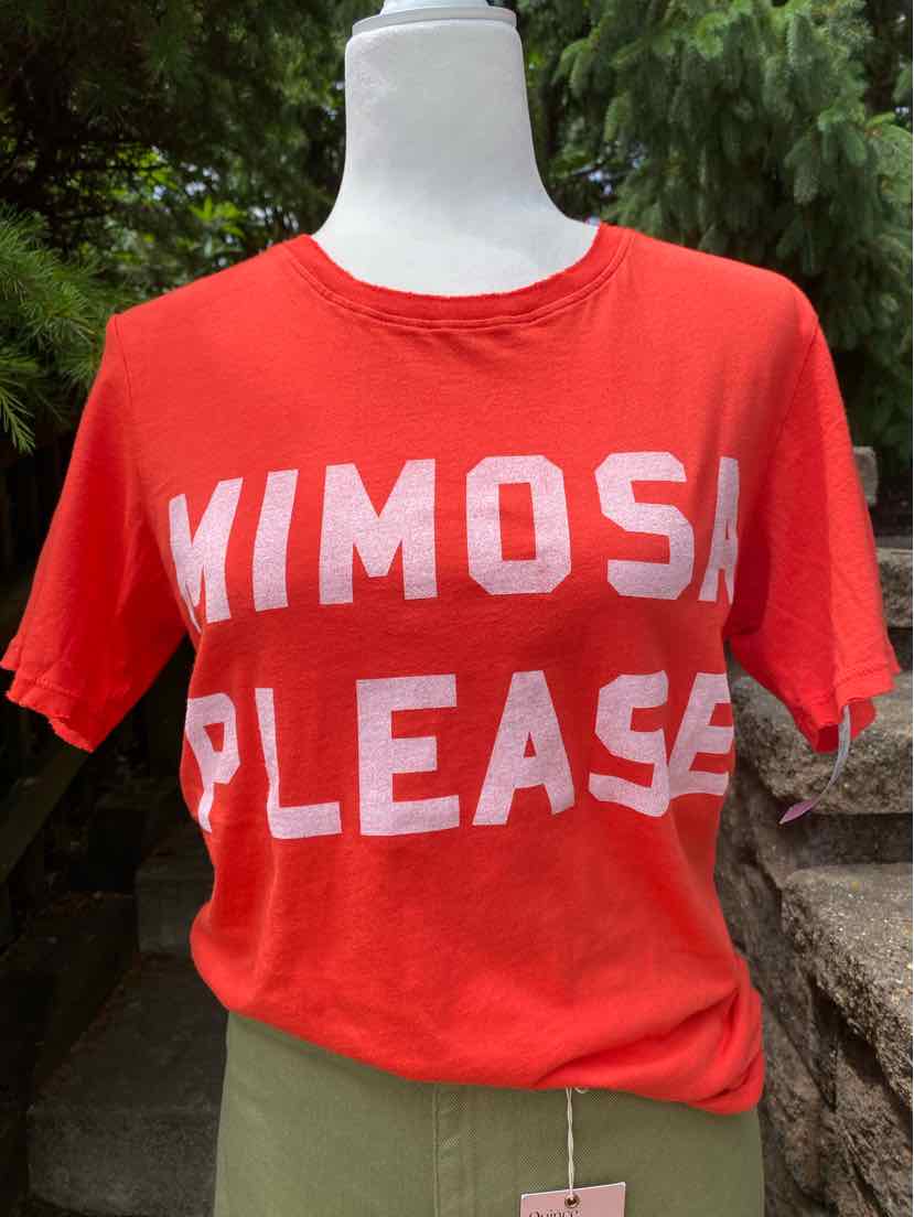 Bright red short-sleeve cotton t-shirt with white "MIMOSA PLEASE" text on front, crew neck, size XS.