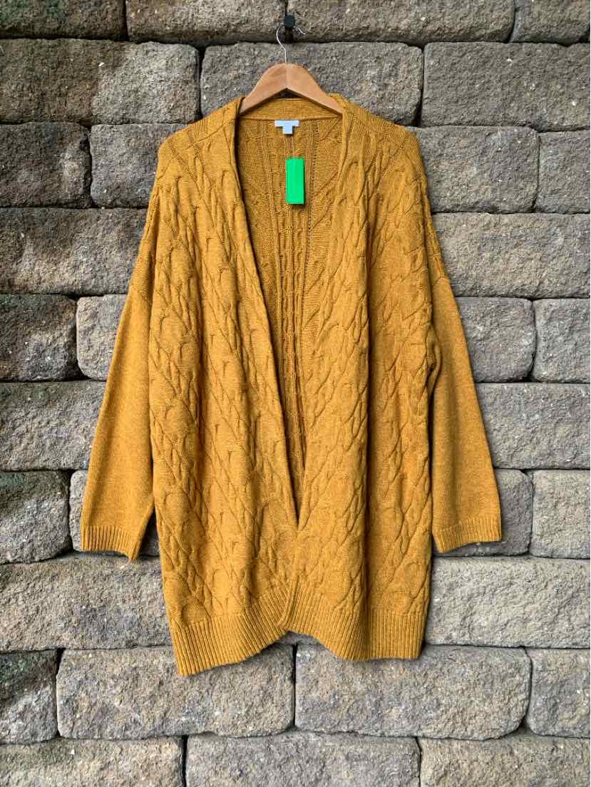 Yellow mustard oversized cable knit cardigan with deep V-neck and ribbed cuffs, size XL.