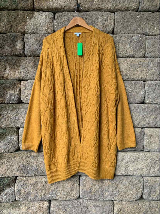 Yellow mustard oversized cable knit cardigan with deep V-neck and ribbed cuffs, size XL.