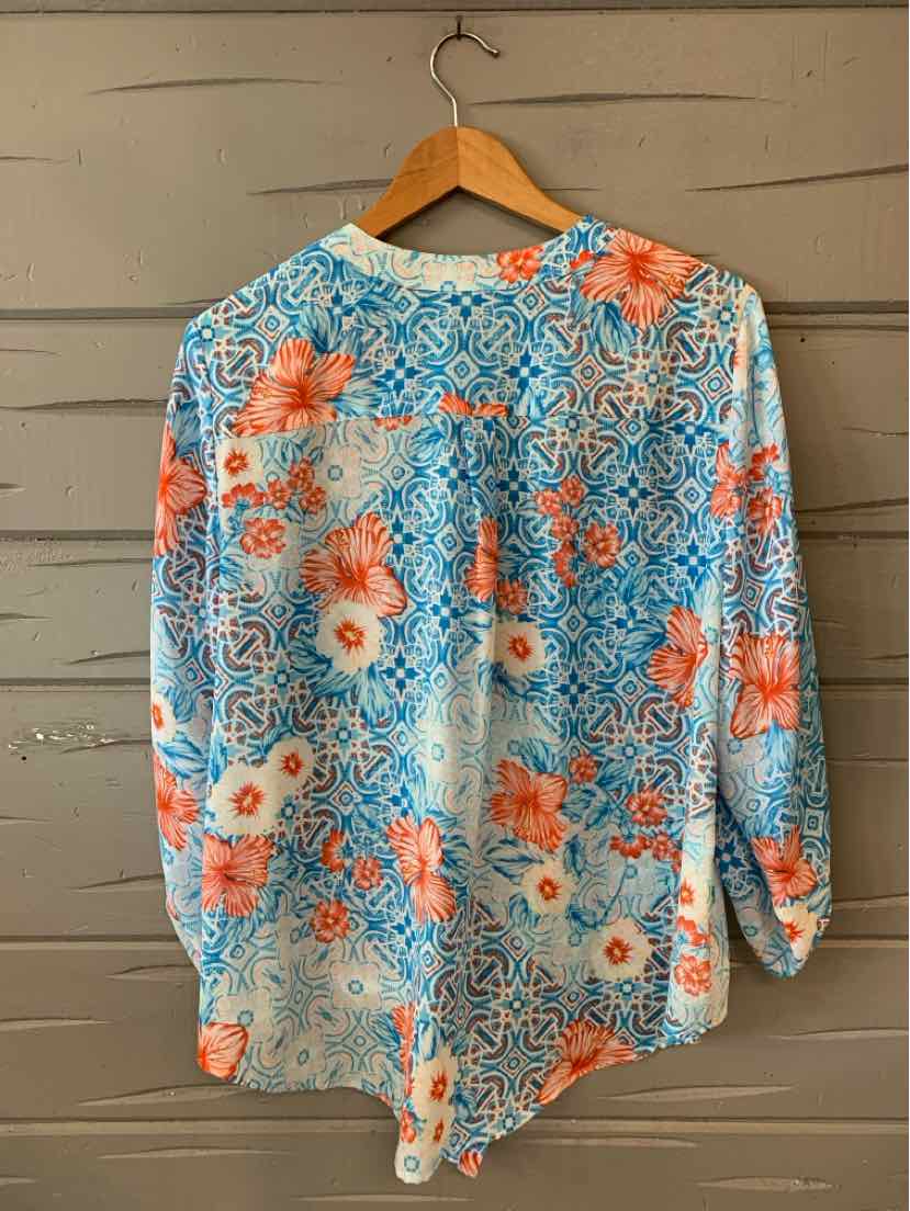 Blue tropical print blouse with orange flowers, long sleeves, and button-up back, size XL.
