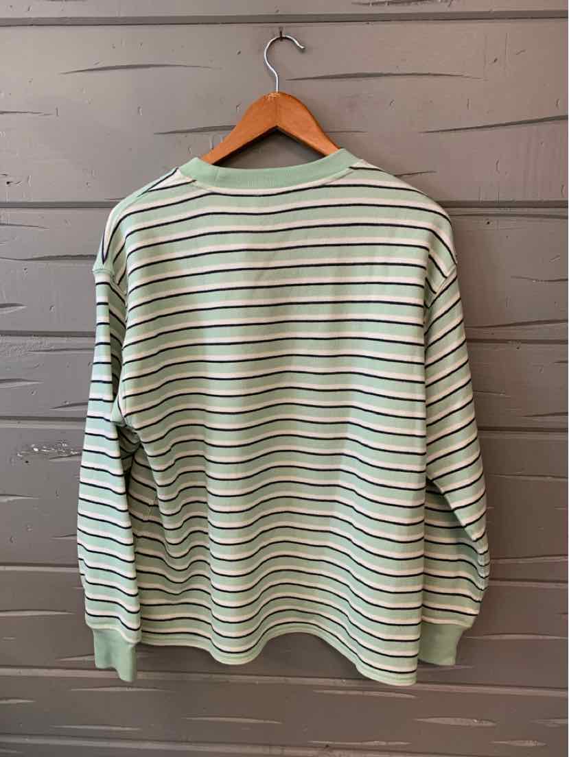 Light mint green long-sleeve shirt with dark horizontal stripes and ribbed cuffs and collar.