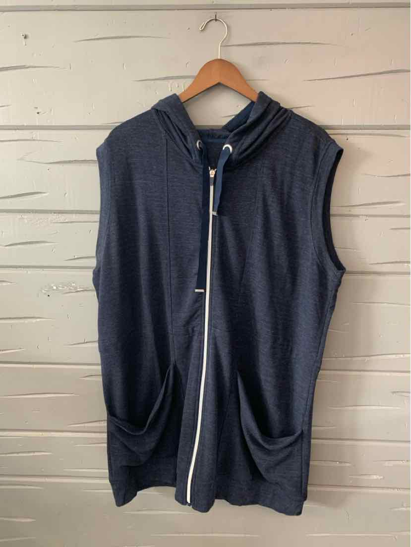 Dark navy sleeveless hooded zip-up vest with front pockets and drawstring hood.