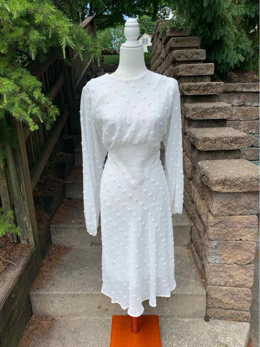 White knee-length dress with long sleeves, fitted waist, and delicate polka dot texture.