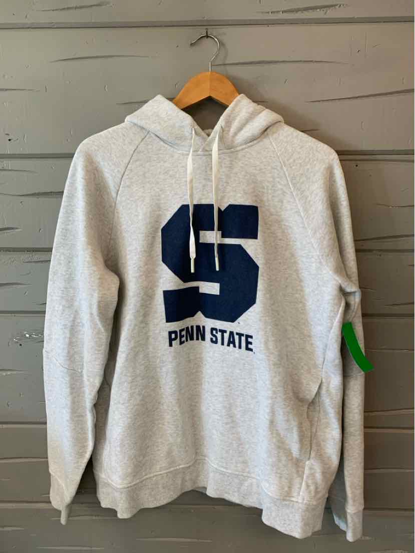 Light gray hoodie with large navy "S" and "PENN STATE" text, front kangaroo pocket, drawstring hood, relaxed fit.