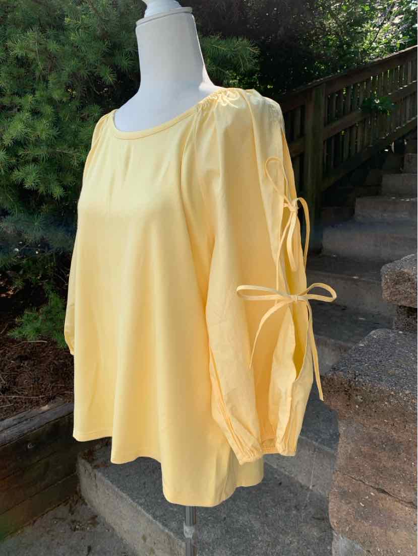 Light yellow long-sleeve blouse with scoop neck and tie details on sleeves, relaxed fit, size XL.