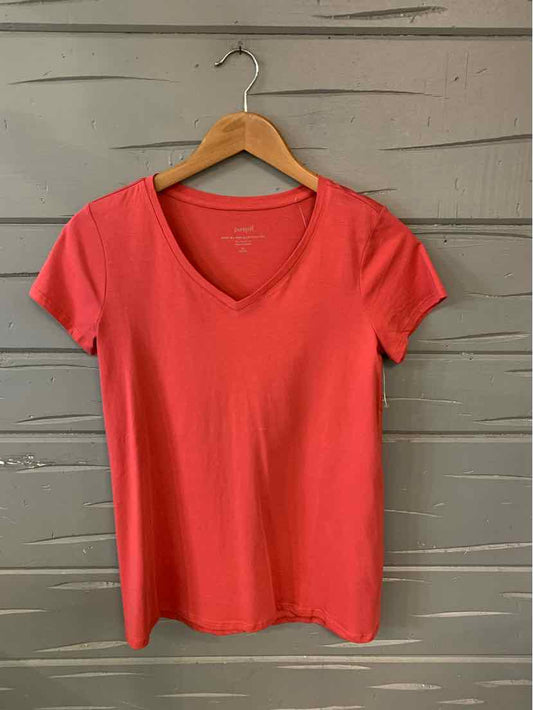 Coral red short-sleeve V-neck fitted T-shirt in XS petite size on wooden hanger against gray wooden wall.