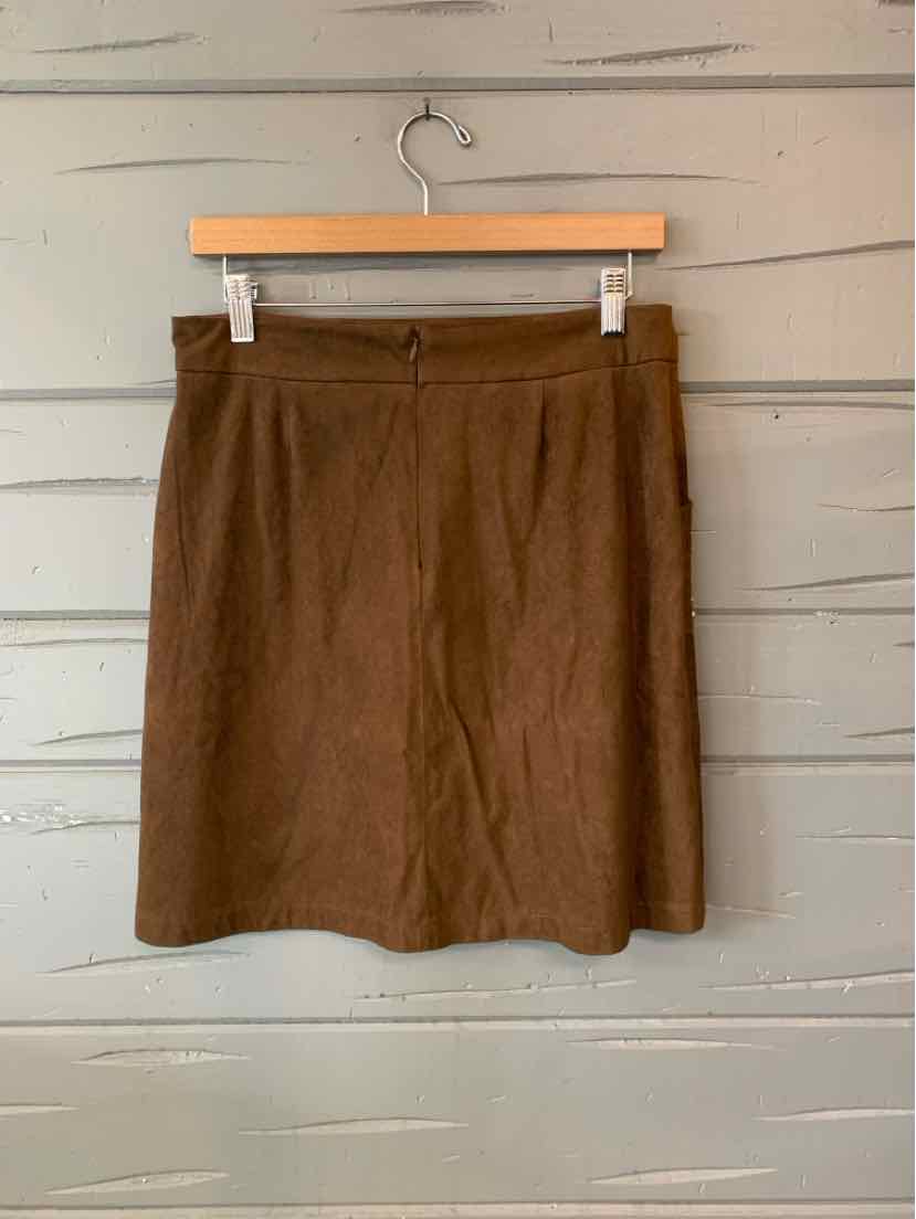 Brown faux suede A-line skirt with a wide waistband and subtle front pleats.