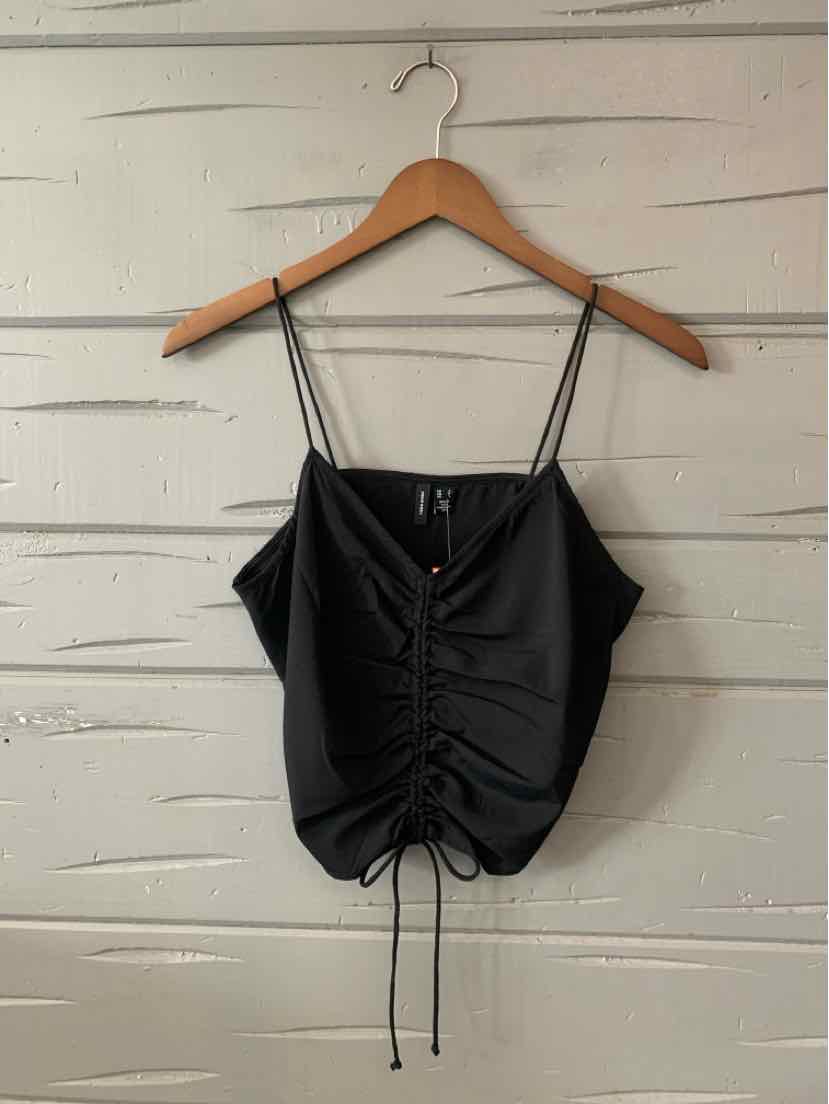 Black ruched satin camisole with adjustable spaghetti straps and front drawstring detail.