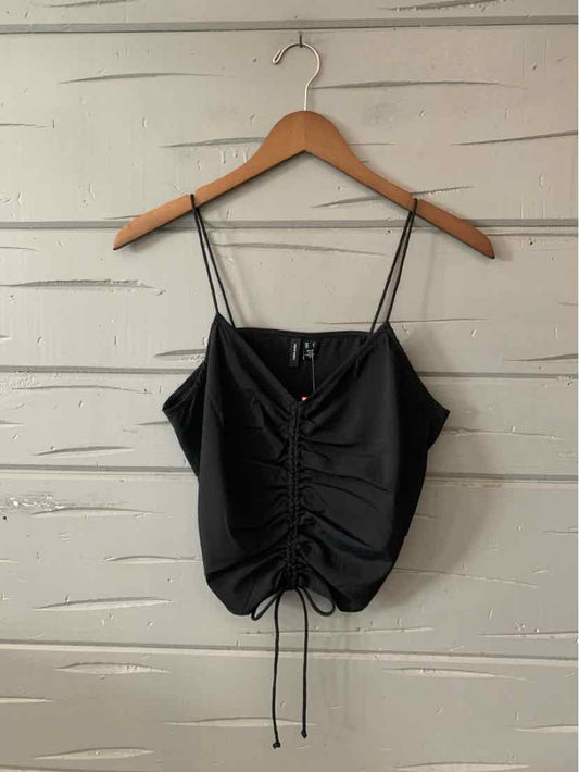 Black ruched satin camisole with adjustable spaghetti straps and front drawstring detail.