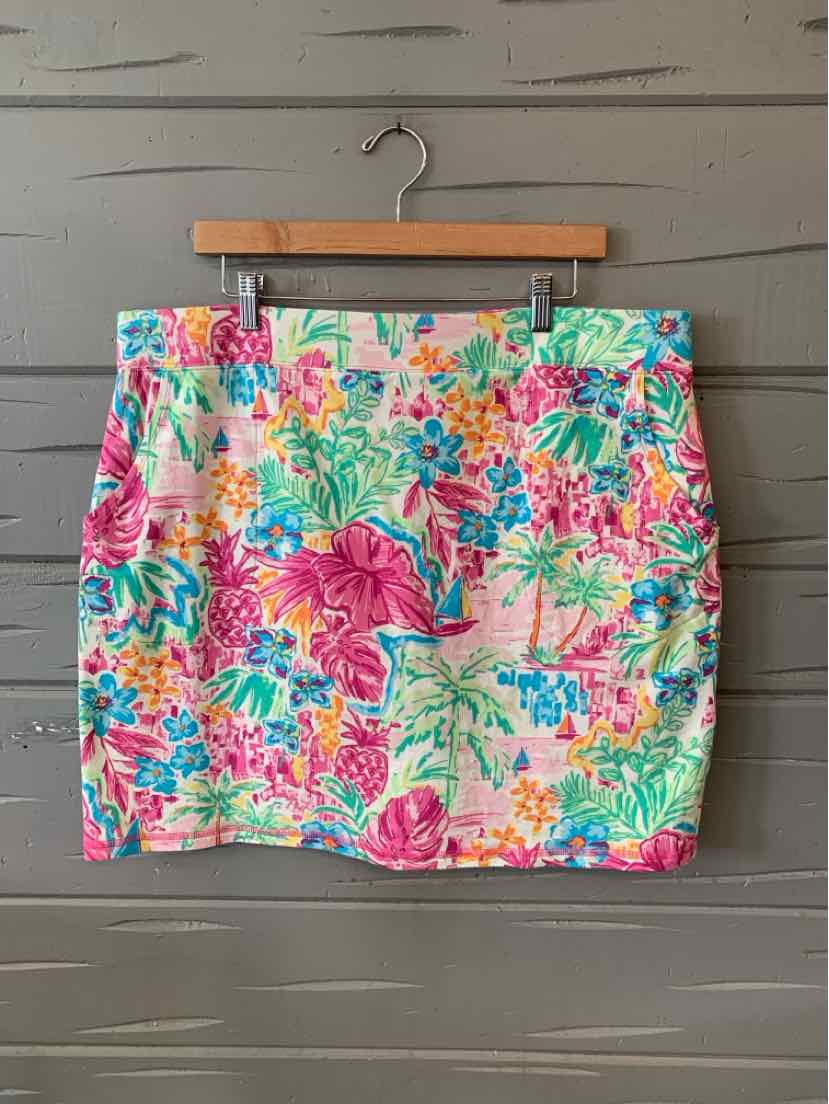 Colorful tropical floral skort in pink, green, and blue with a straight silhouette, size 1X.