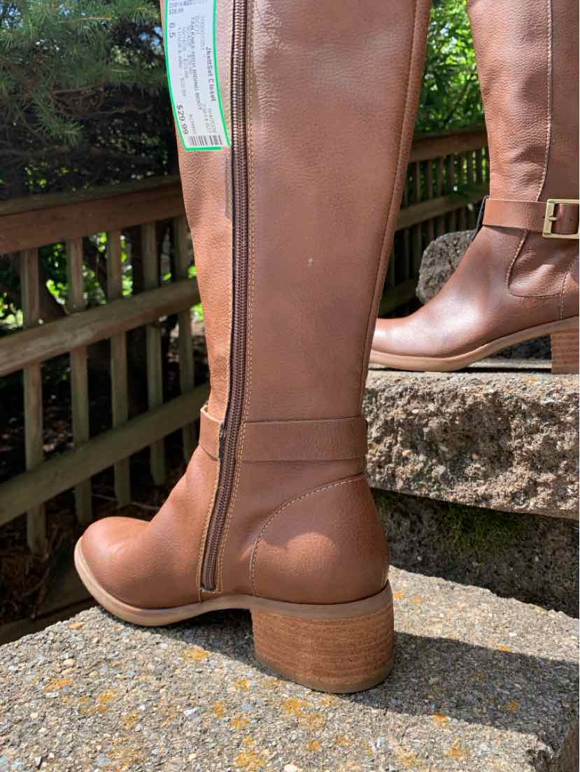 Tan leather mid-calf boot with side zipper, round toe, and stacked wooden heel, size 6.5.