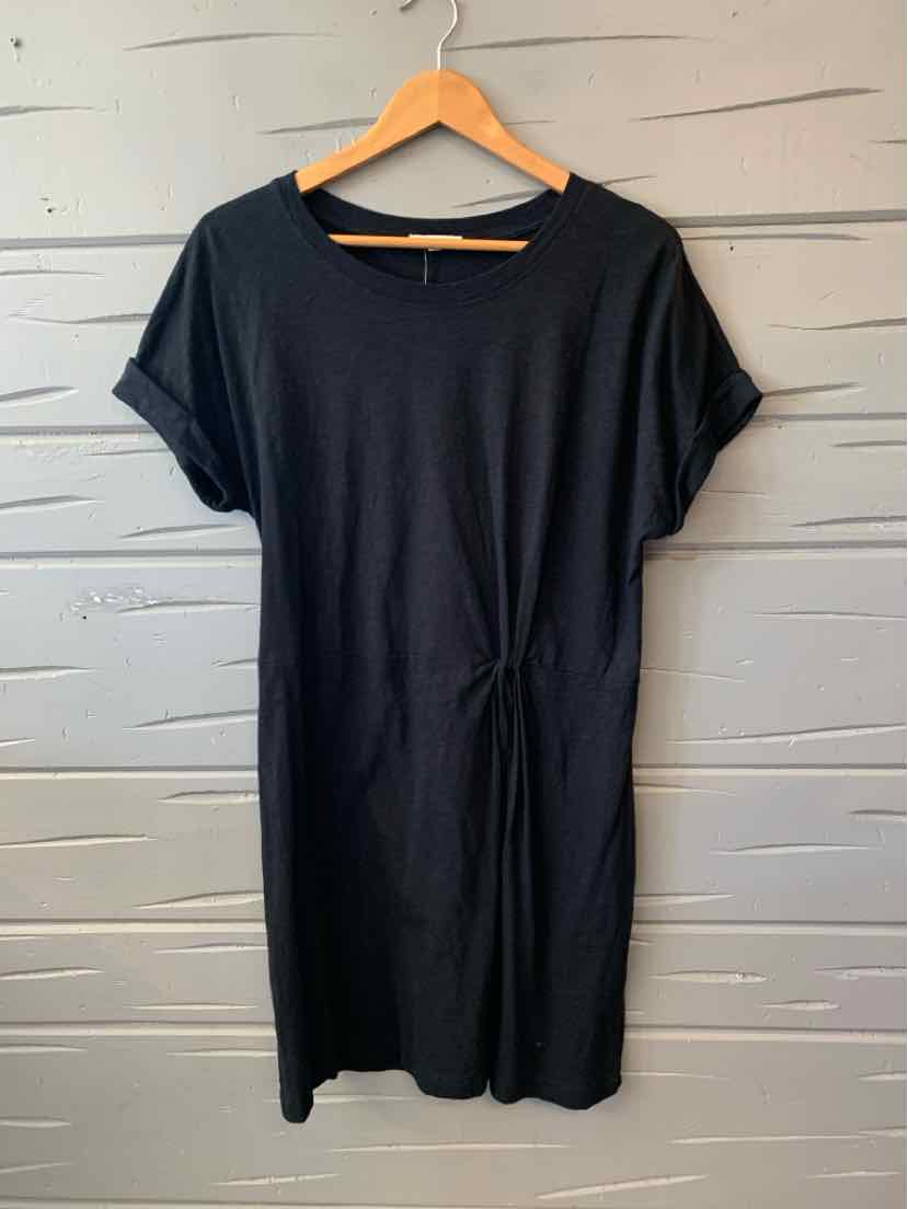 Black short-sleeve midi dress with round neckline and side knot detail on soft fabric.